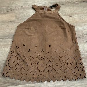 Faux Suede Laser Floral Cutout Sleeveless Top